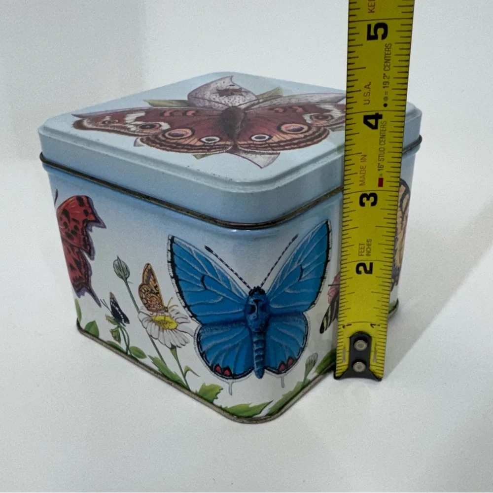 Early 90’s Vintage Butterfly & Flower Print Square Tin Box With Lid